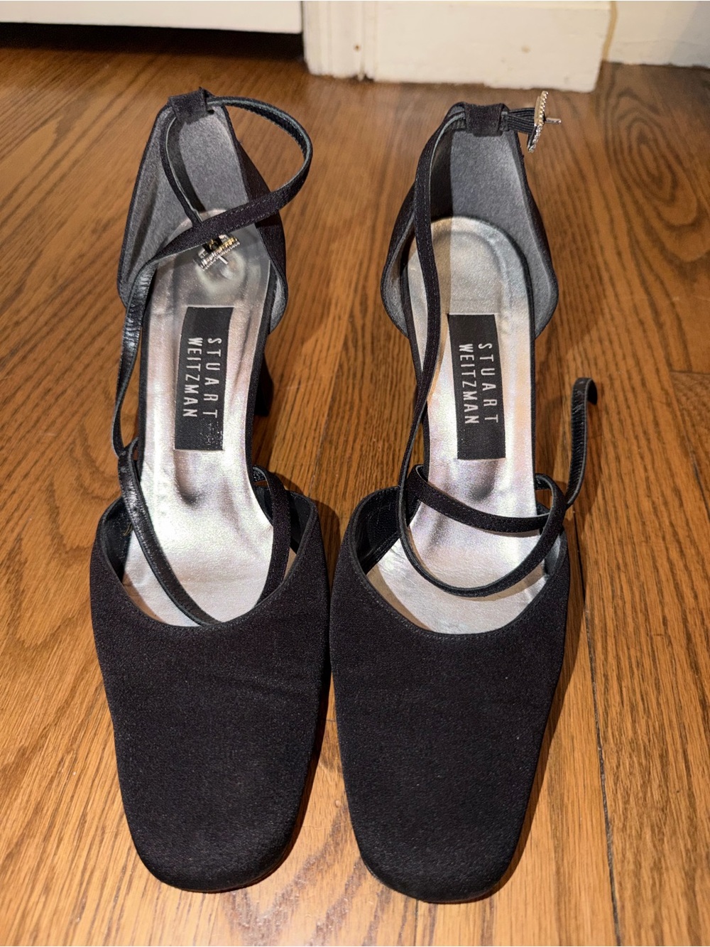 Stuart Weitzman Black Satin Square-Toe Ankle-Strap Heels